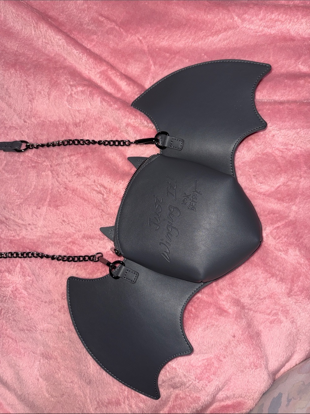 Betsey Johnson Black Bat Face Crossbody Bag with Pink Accents - Picture 2 of 3